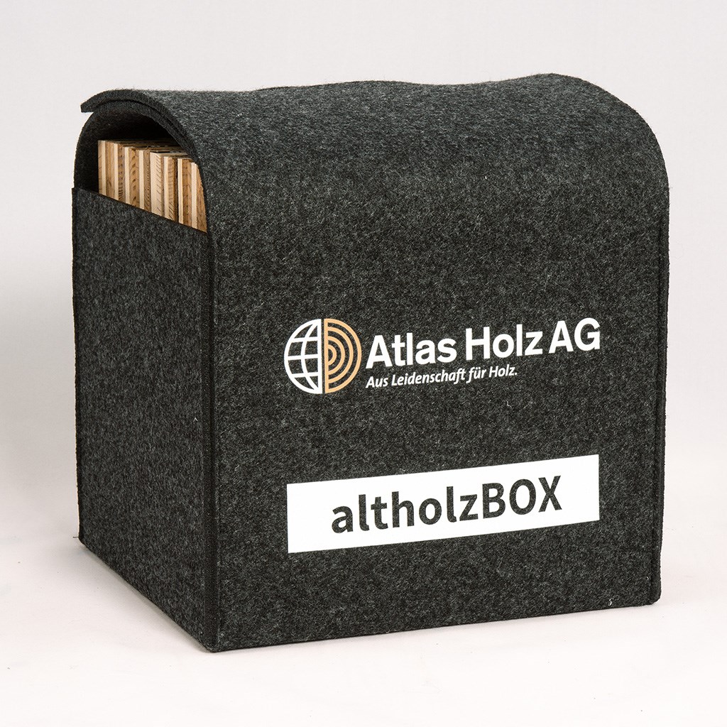 altholzBOX by Atlas Holz AG | Musterbox aus Filz mit 18 Mustern